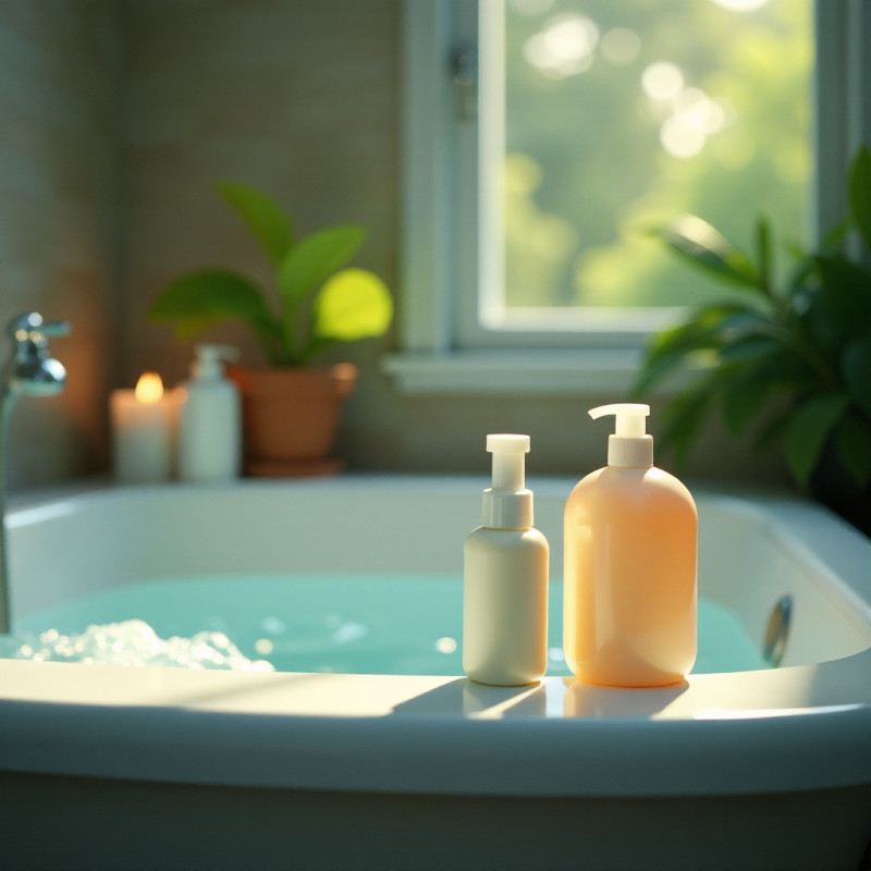 A bathroom with hair care products.