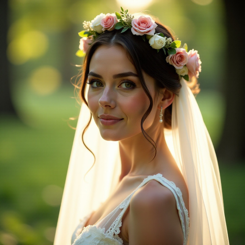 A bride wearing a floral veil in a natural setting.