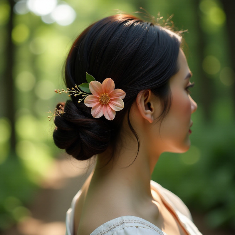 A close-up of a floral barrette in hair.