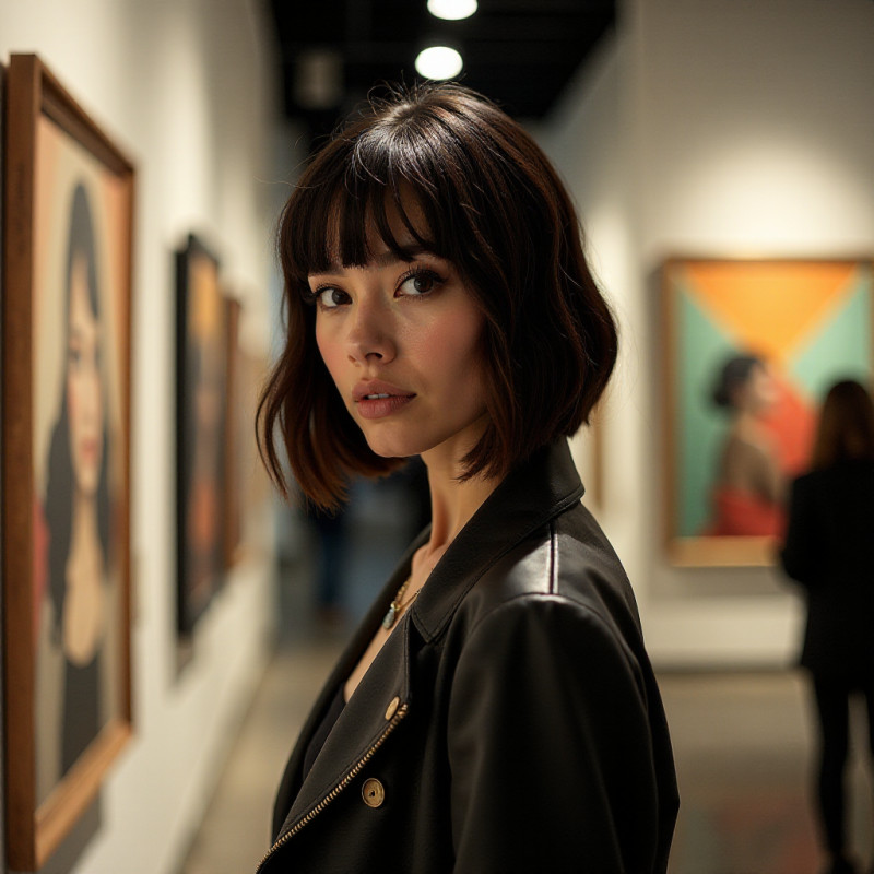 A confident woman showcasing her undercut bob hairstyle in an art gallery.