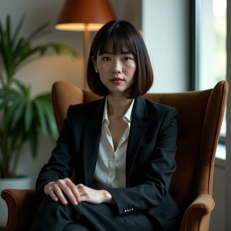 A confident woman with a blunt bob hairstyle in an office.