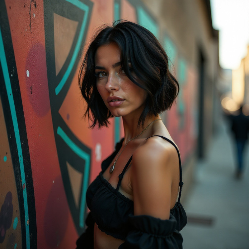 A confident woman with an asymmetrical bob haircut posing in front of a graffiti wall.