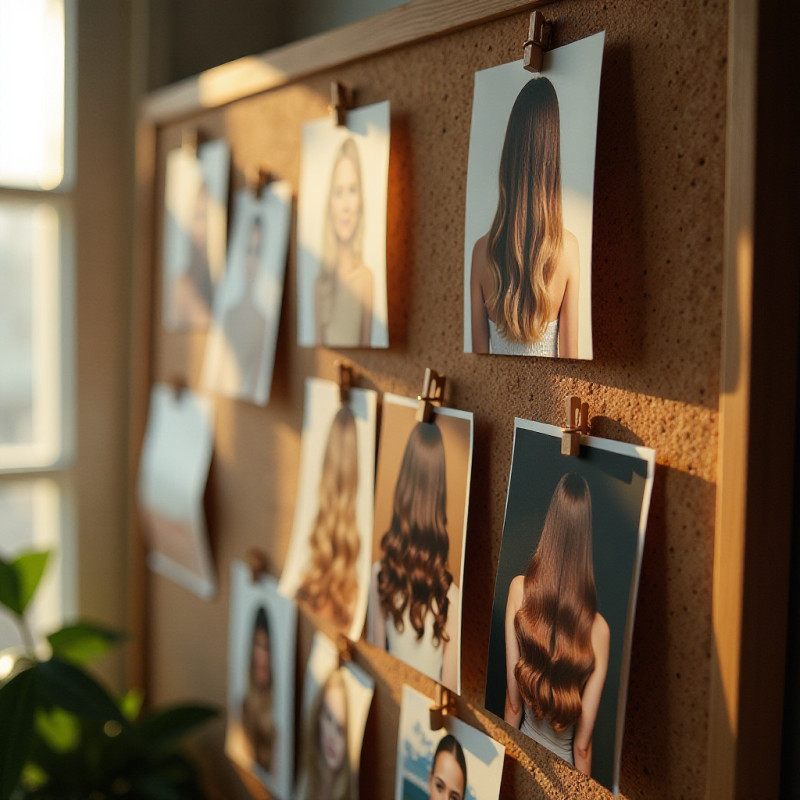 A cork board lifestyle mood board with hair inspiration.