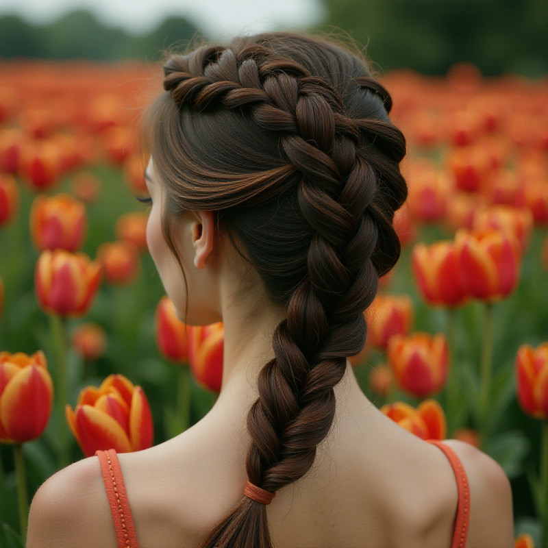 A detailed fishtail braid hairstyle with colorful flowers in the background.