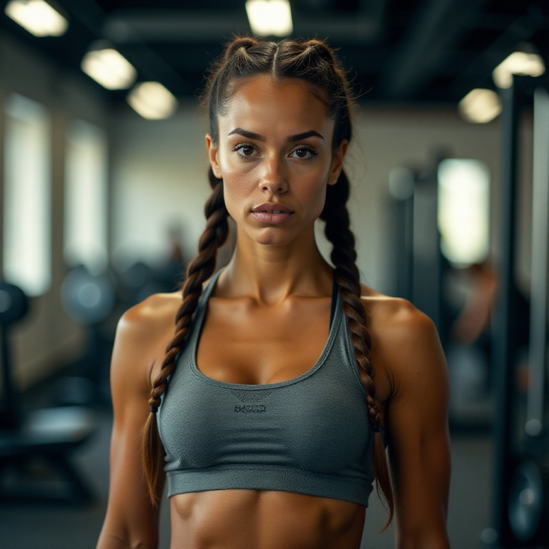 A determined woman with boxer braids at the gym.