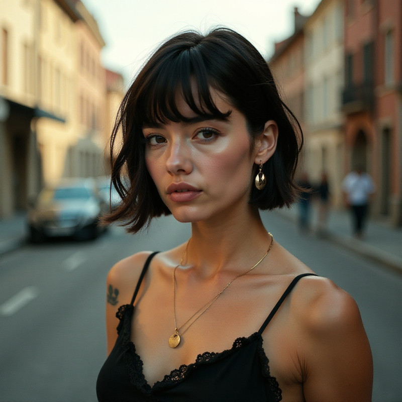 A fashionable woman with a nape undercut bob hairstyle in a photo shoot.