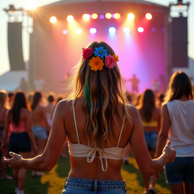 A festival-goer with floral hair extensions.