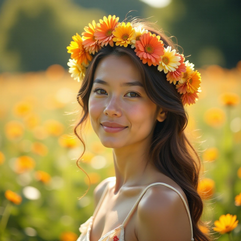 A girl in a flower crown amidst blooming flowers.