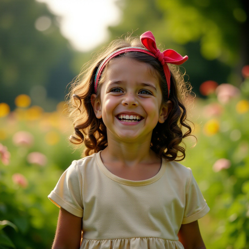 A girl in a garden wearing a colorful headband with curls.