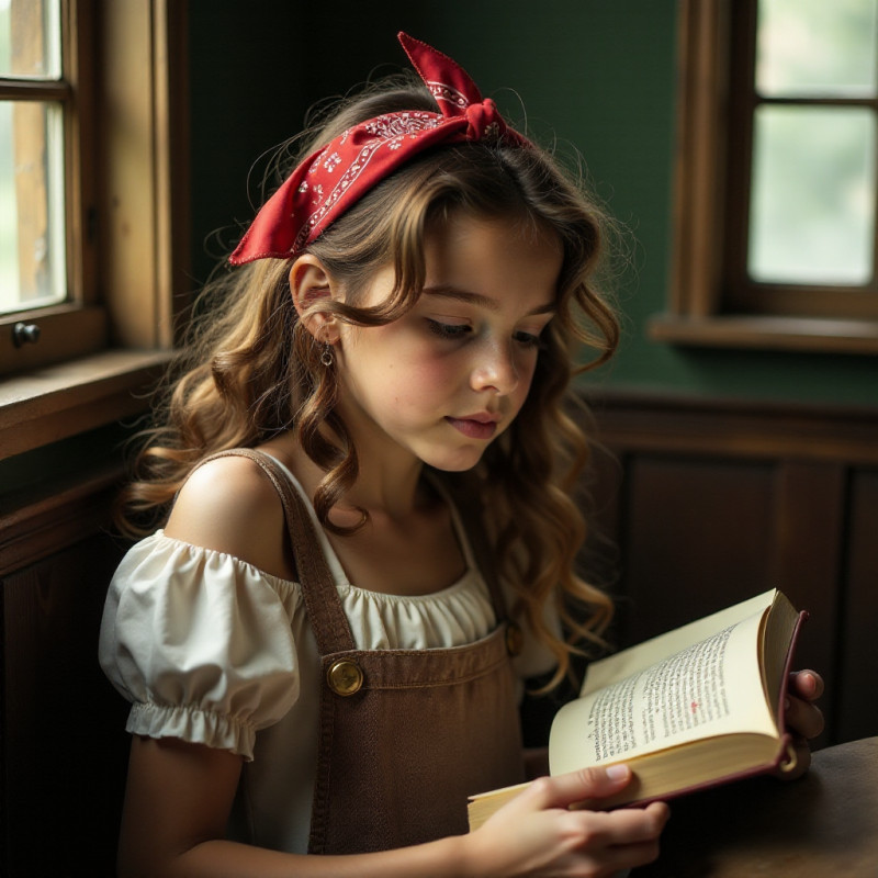 A girl reading a book with curly hair and a bandana.