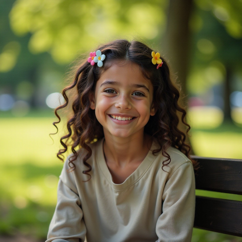 A girl smiling on a bench with clips in her curly hair.