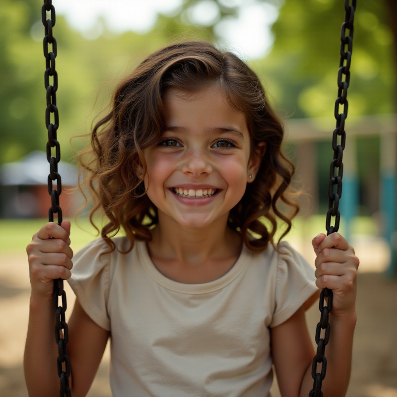 A girl smiling on a swing showing her half-up, half-down curls.