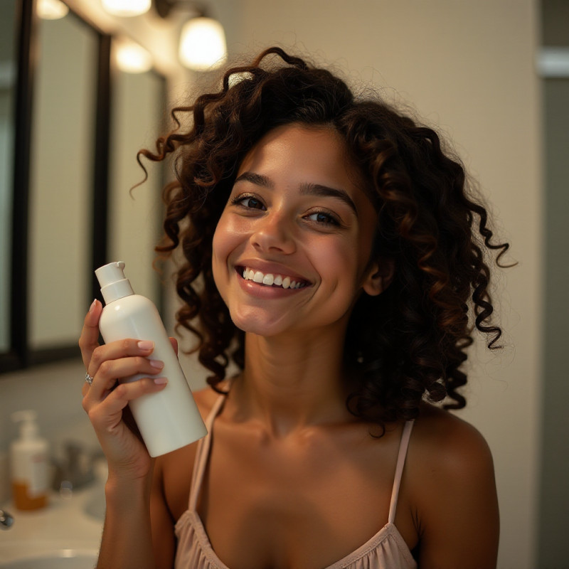 A girl smiling with defined curls in a bathroom.