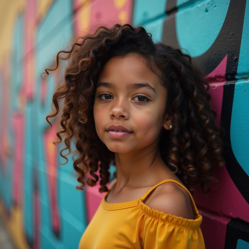 A girl smiling with highlighted curls in front of a mural.