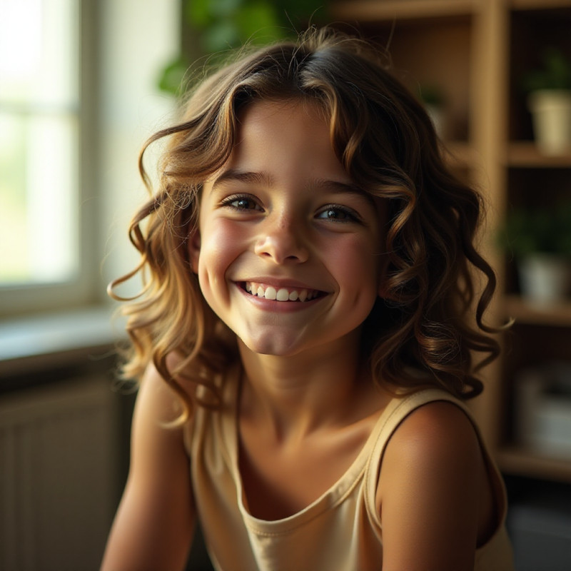 A girl smiling with layered curly hair in a bright room.