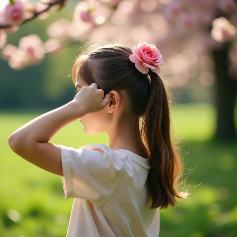 A girl using a floral hair tie in a park.