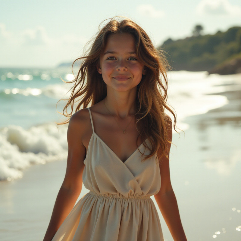 A girl walking on the beach with curly, beachy waves.