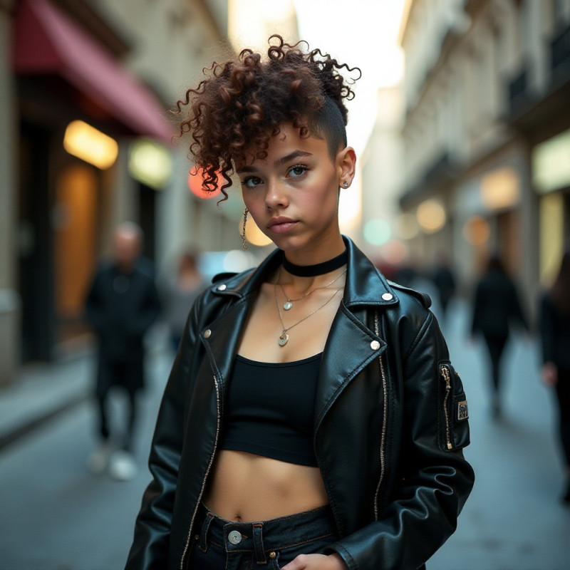 A girl with a curly faux hawk posing confidently in an urban setting.