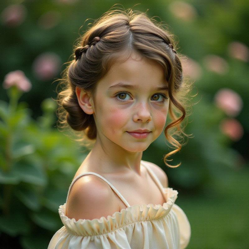 A girl with a low bun of curly hair in a beautiful garden.