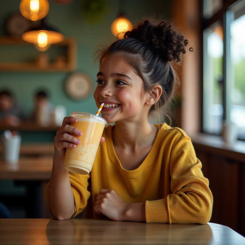 A girl with a messy bun of curly hair sipping a smoothie.