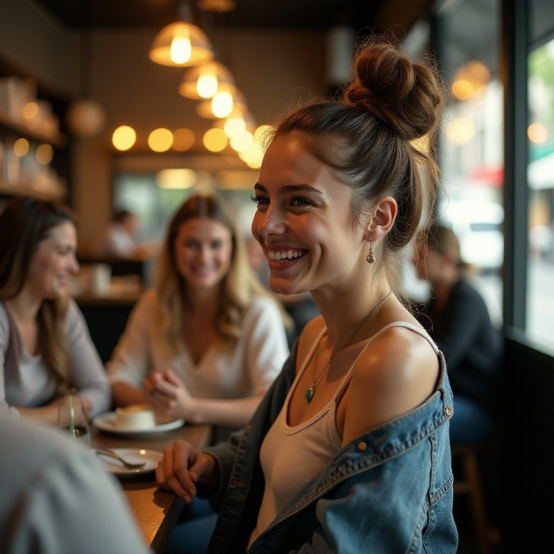 A girl with a top knot of curly hair in a café.