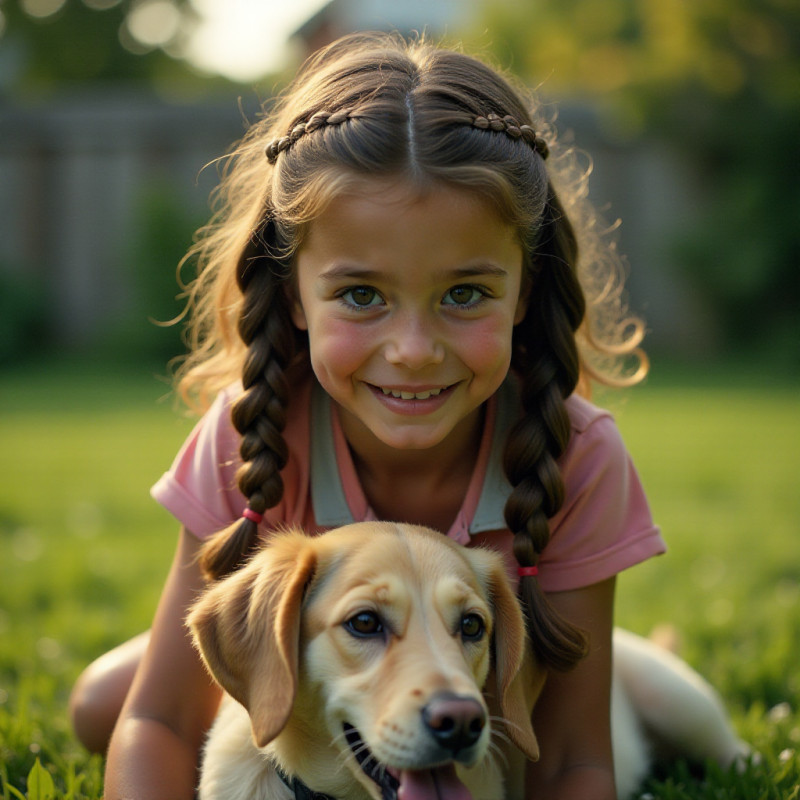 A girl with braided curls playing with a dog.