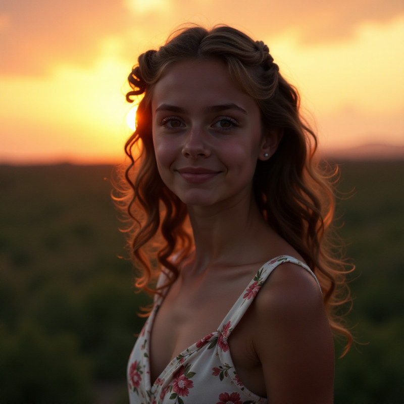 A girl with curls styled to one side standing at sunset.