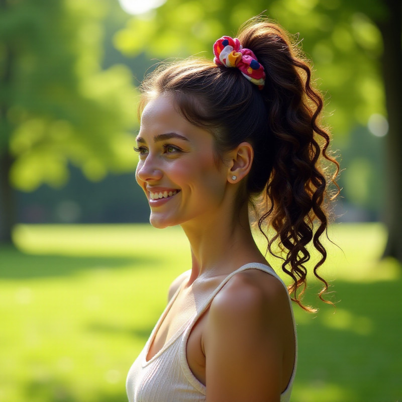 A girl with curly hair in a ponytail smiling in a park.