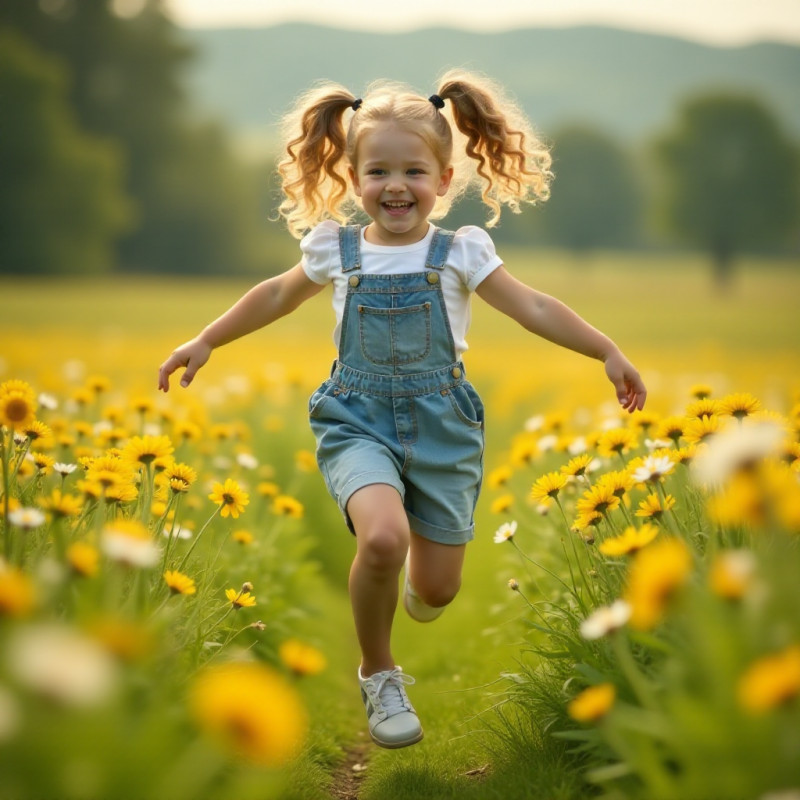 A girl with curly pigtails jumping in a flower field.