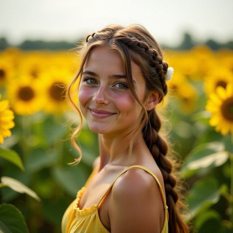 A girl with flowers in her braid in a sunflower field.