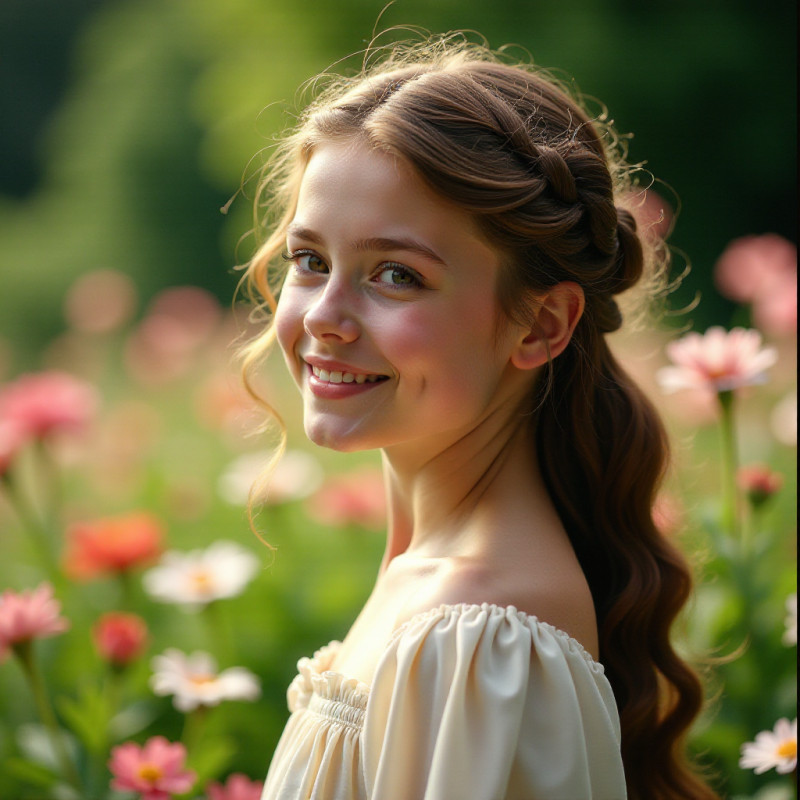 A girl with romantic curly hair styled with a twist in a garden.