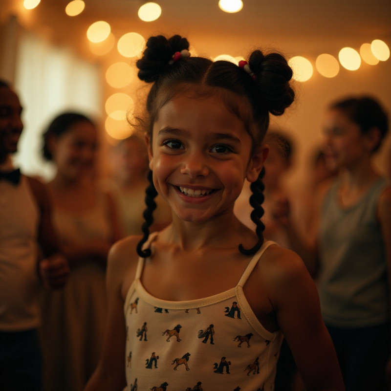 A girl with twisted curls dancing at a family gathering.