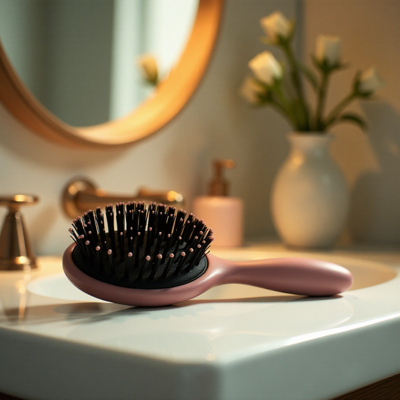 A hairbrush designed for long hair on a counter.