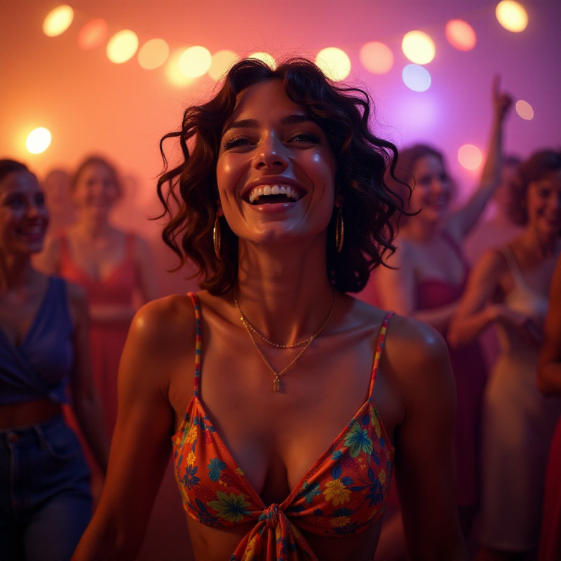 A happy woman with a curly bob dancing at a party.