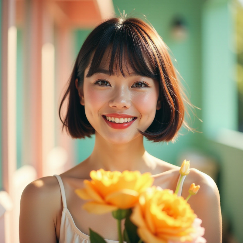 A joyful woman with a bob and bangs holding a bouquet of flowers.