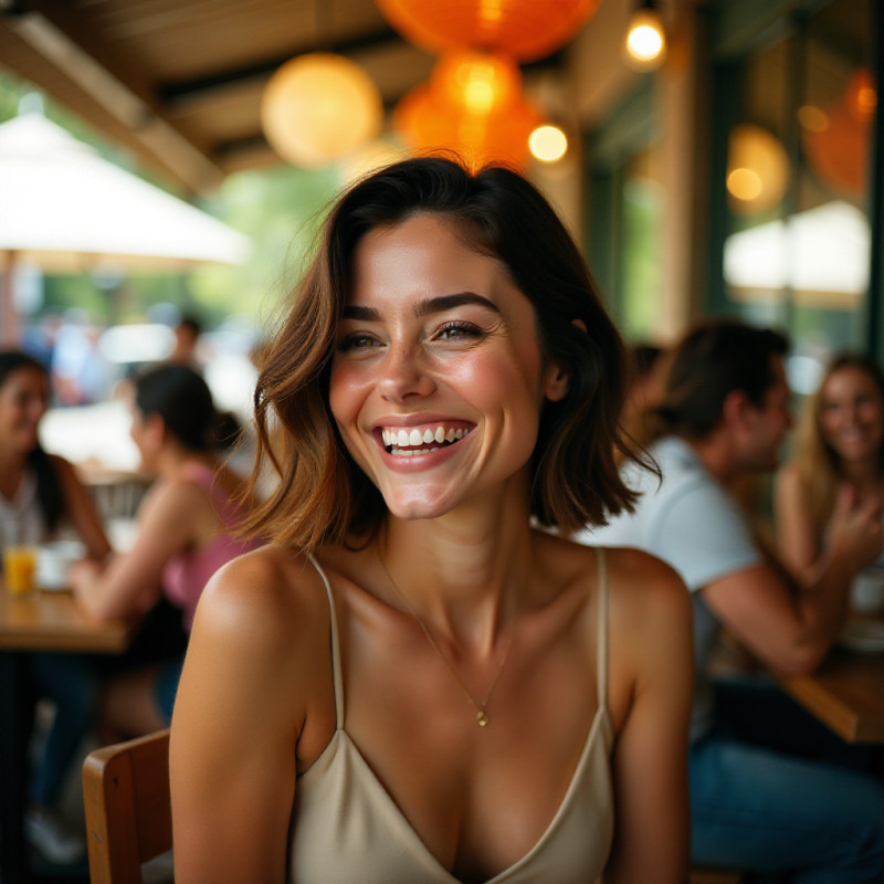 A joyful woman with a bouncy bob hairstyle laughing at brunch.