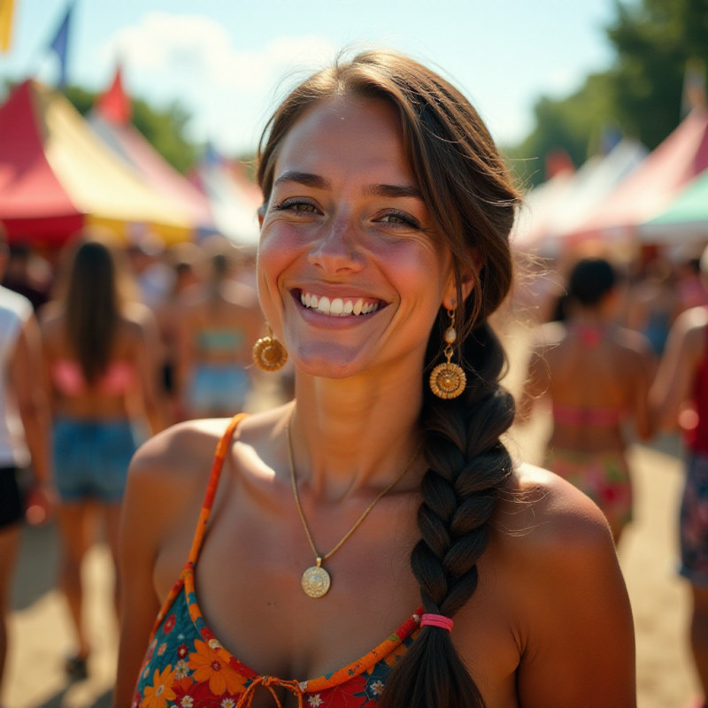 A joyful woman with a pull-through braid at a festival.