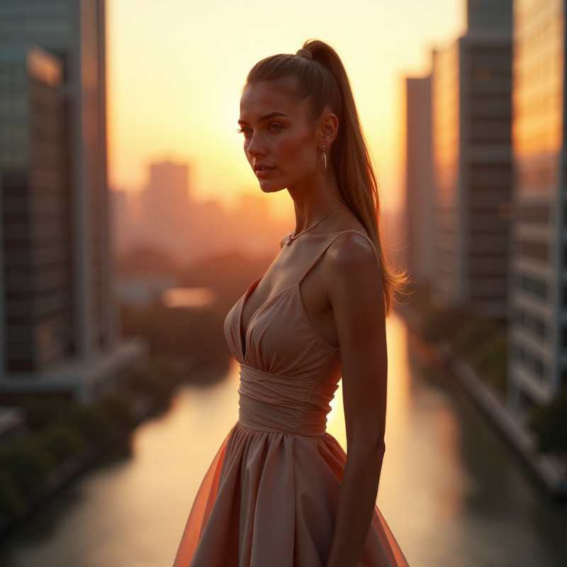 A model showcasing a high ponytail hairstyle.