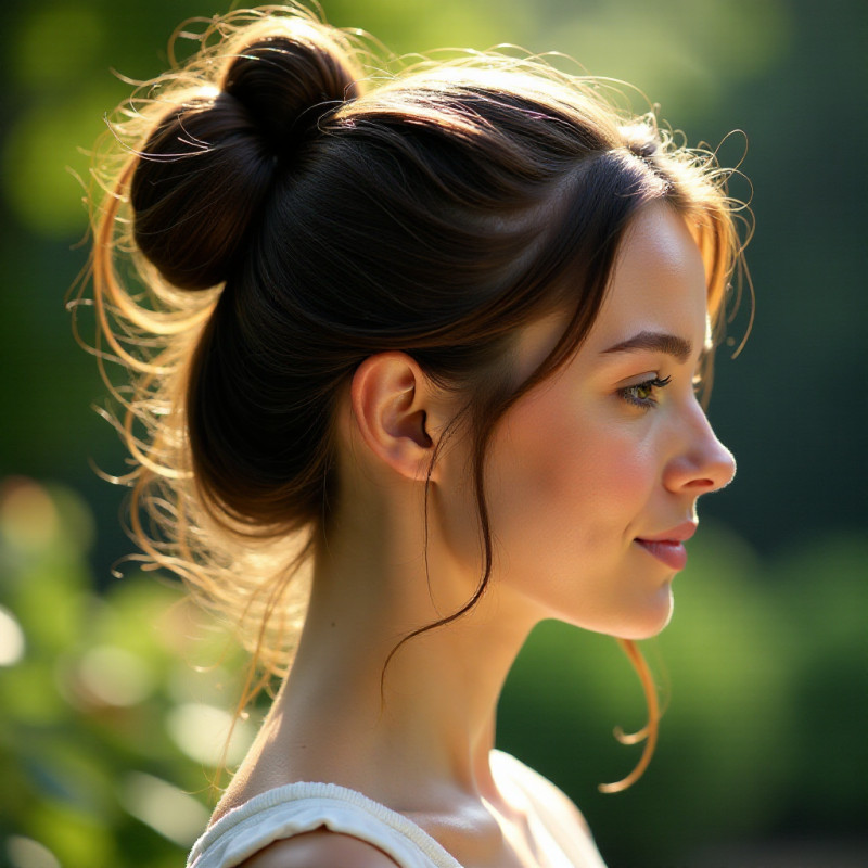 A model showing a messy bun hairstyle with loose strands.