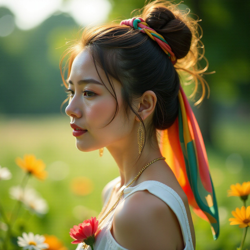 A model with a colorful scarf in her messy bun.