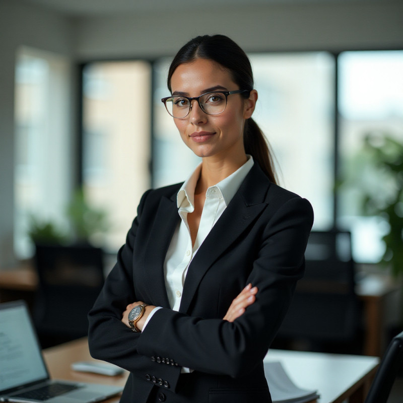 A professional woman with a low ponytail hairstyle.