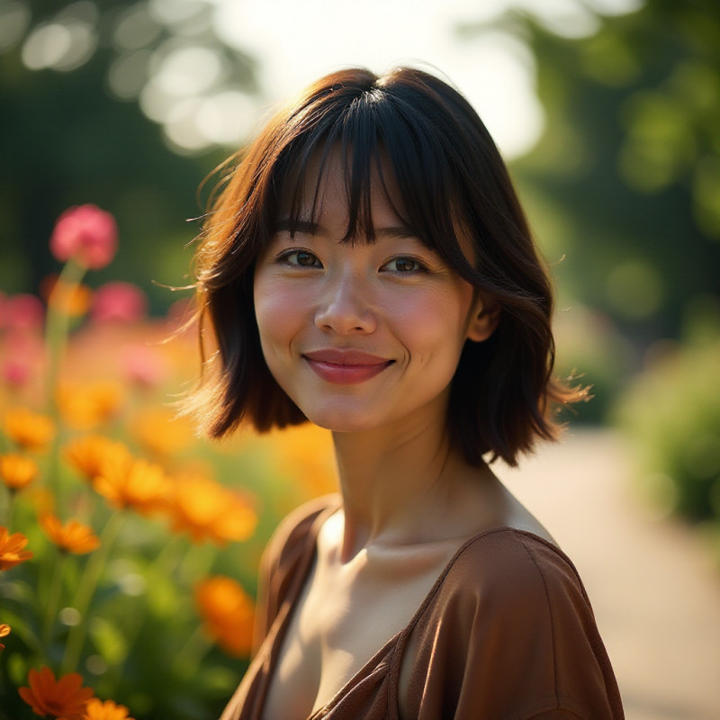 A smiling woman with a chic bob hairstyle in a flower garden.