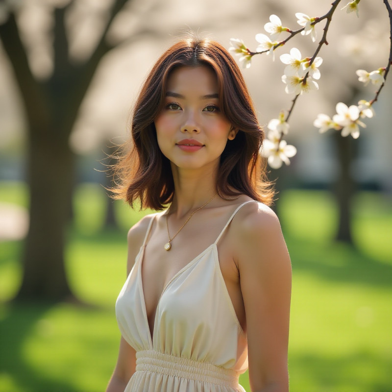 A smiling woman with waves in her long bob haircut walking in a beautiful park.