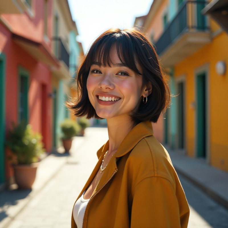 A stylish woman smiling in front of colorful buildings with a classic bob hairstyle.