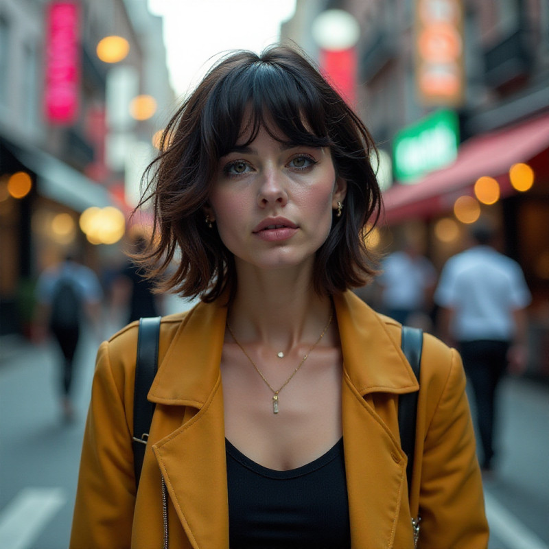 A stylish woman with a shaggy bob enjoying a city stroll.