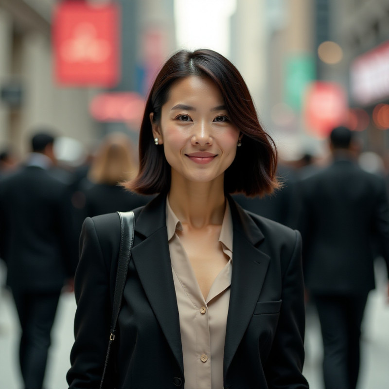 A stylish woman with a sleek bob hairstyle confidently walking in the city.