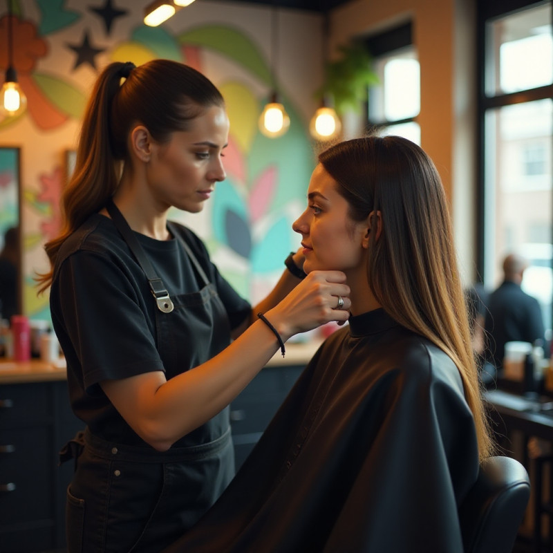 A stylist trimming a woman's long hair.