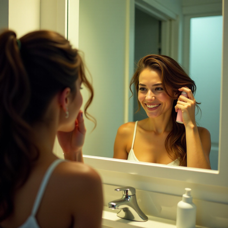 A woman applying dry shampoo in front of a mirror.