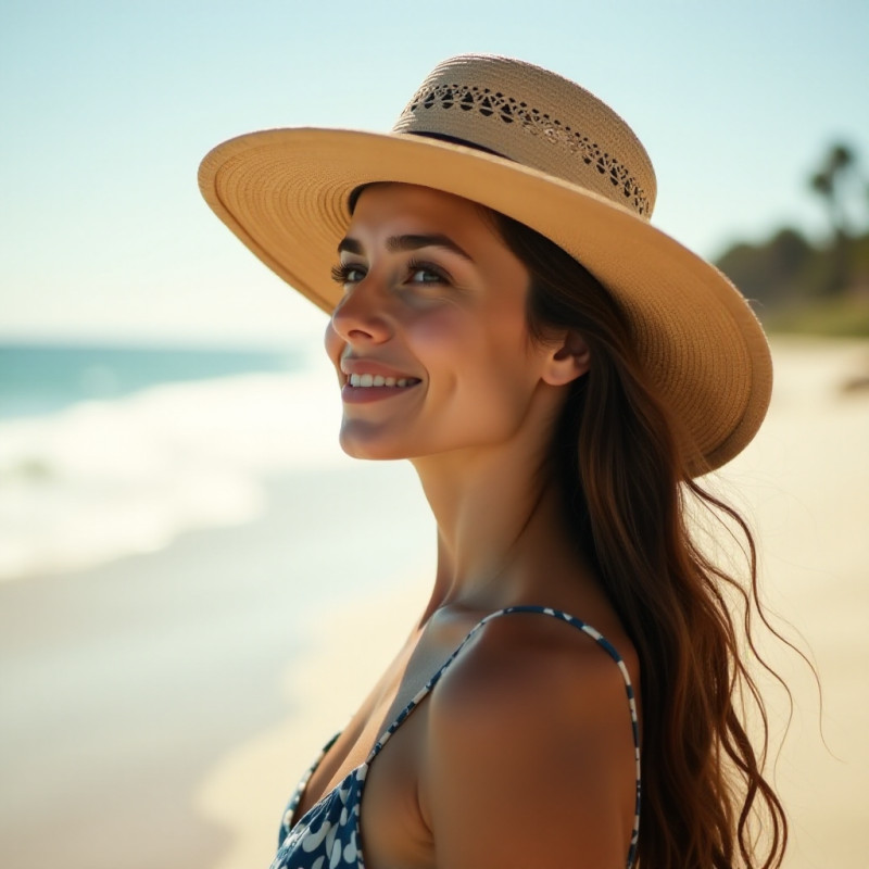 A woman at the beach wearing a hat.