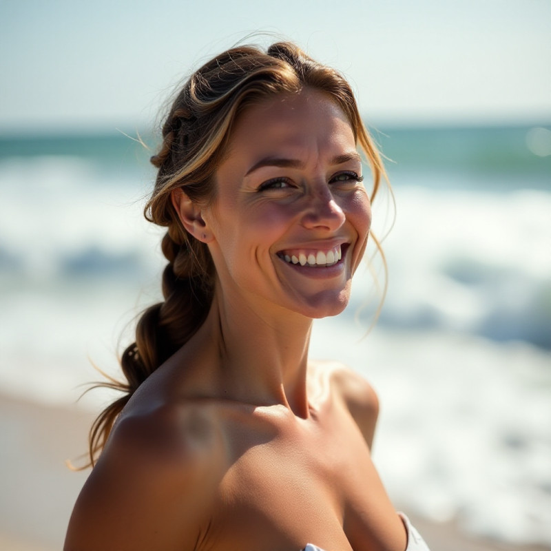 A woman at the beach with a cheerful braided ponytail.